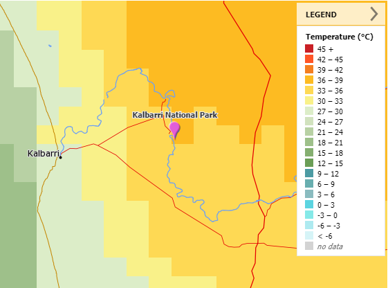 MetEye weather forecast showing temperature difference between Kalbarri on the coast (27 to 30 °C) and Kalbarri National Park (36–39 °C) further inland.